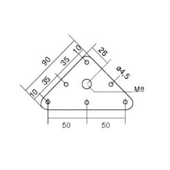 Bevestigingsplaat recht driehoek 90x90mm met M8 schroefdraad